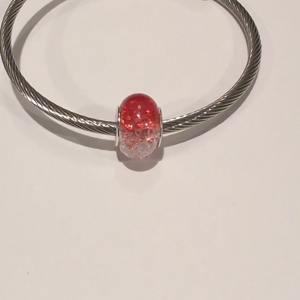 Silver Red and Clear "Crushed Glass" Charm for Pandora‎ Style Bracelet